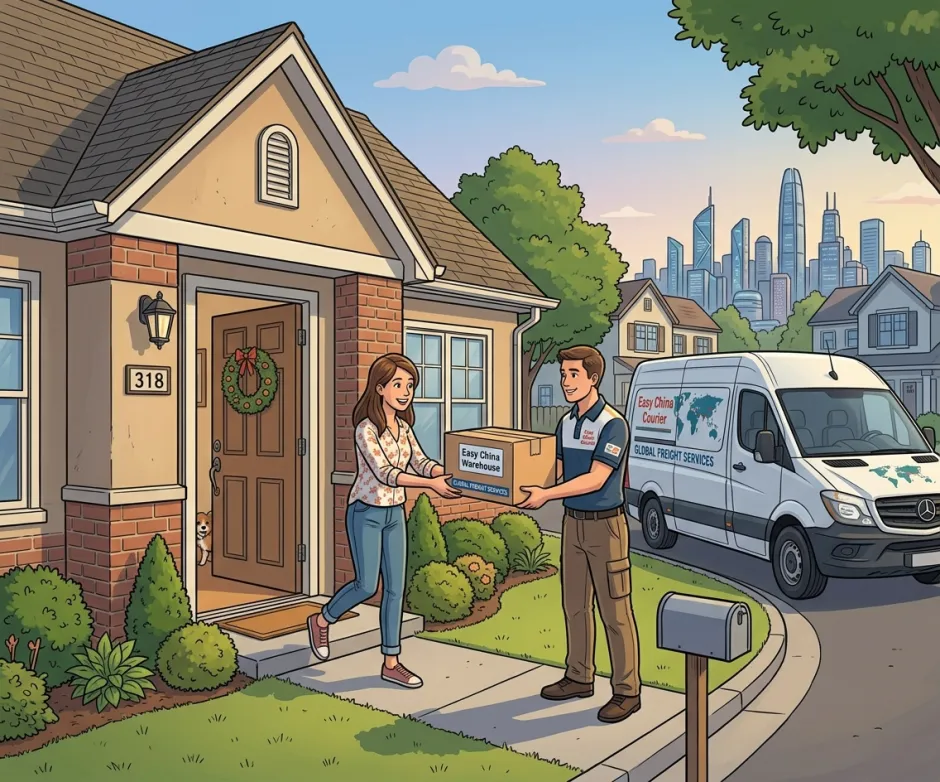 Easy China Warehouse courier handing a parcel to a customer at their front door