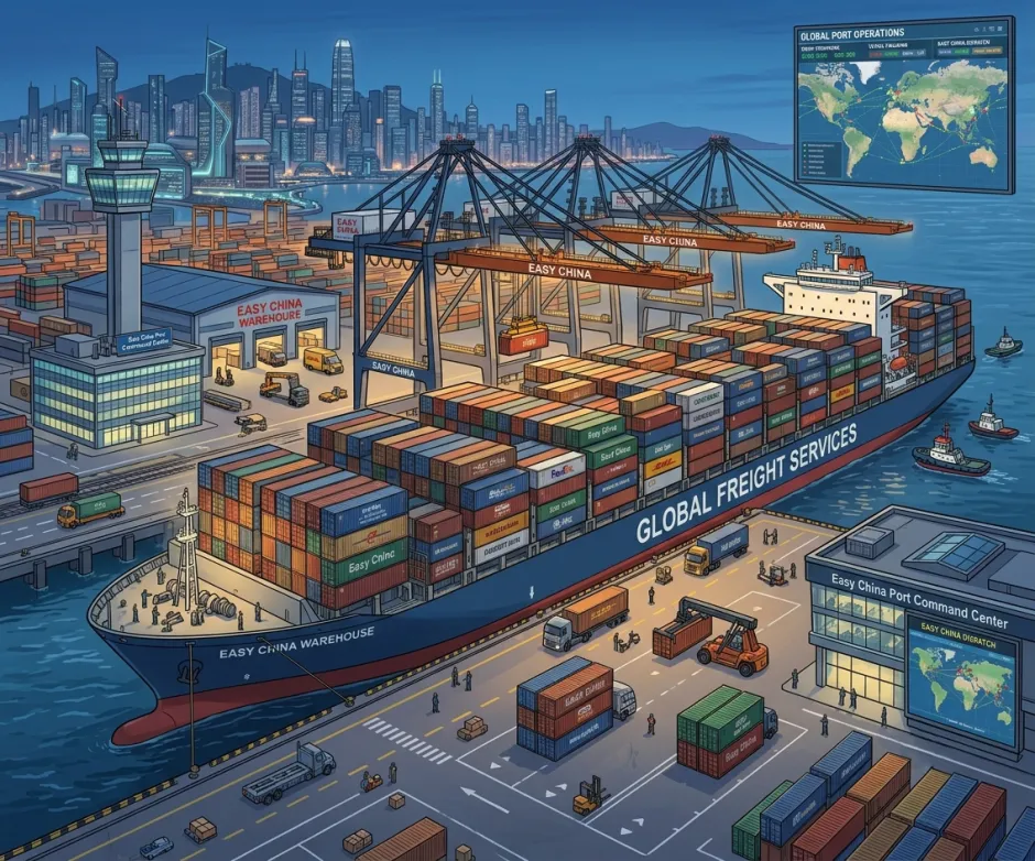 Container ship loading at a Chinese port with cranes and stacked freight containers